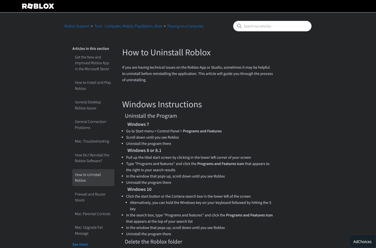 Roblox uninstall instructions pointing at the local AppData Roblox folder