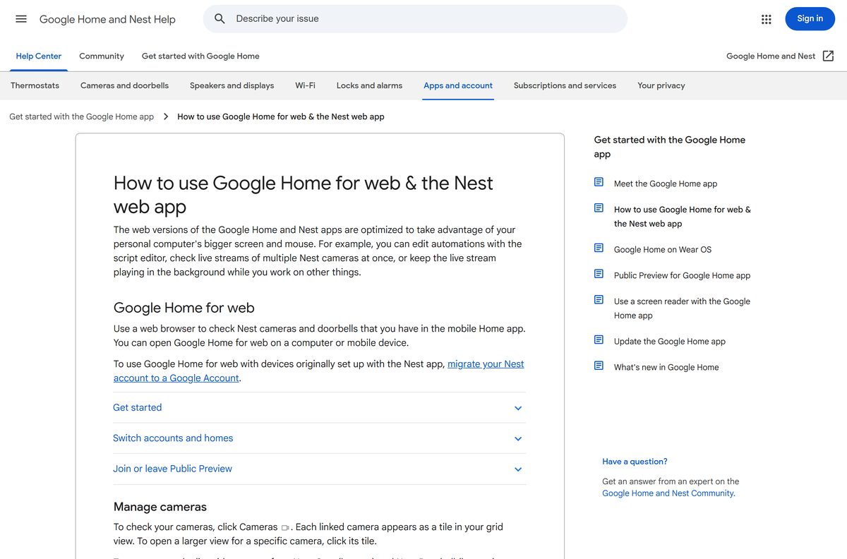 Google help page explaining the web version for computers
