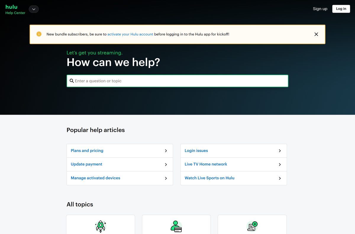 Hulu Help Center home page with its support article categories