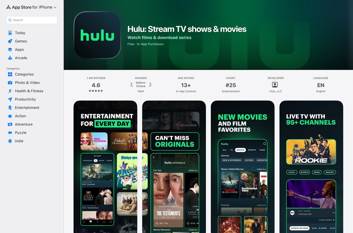App Store page for Hulu showing size and device compatibility