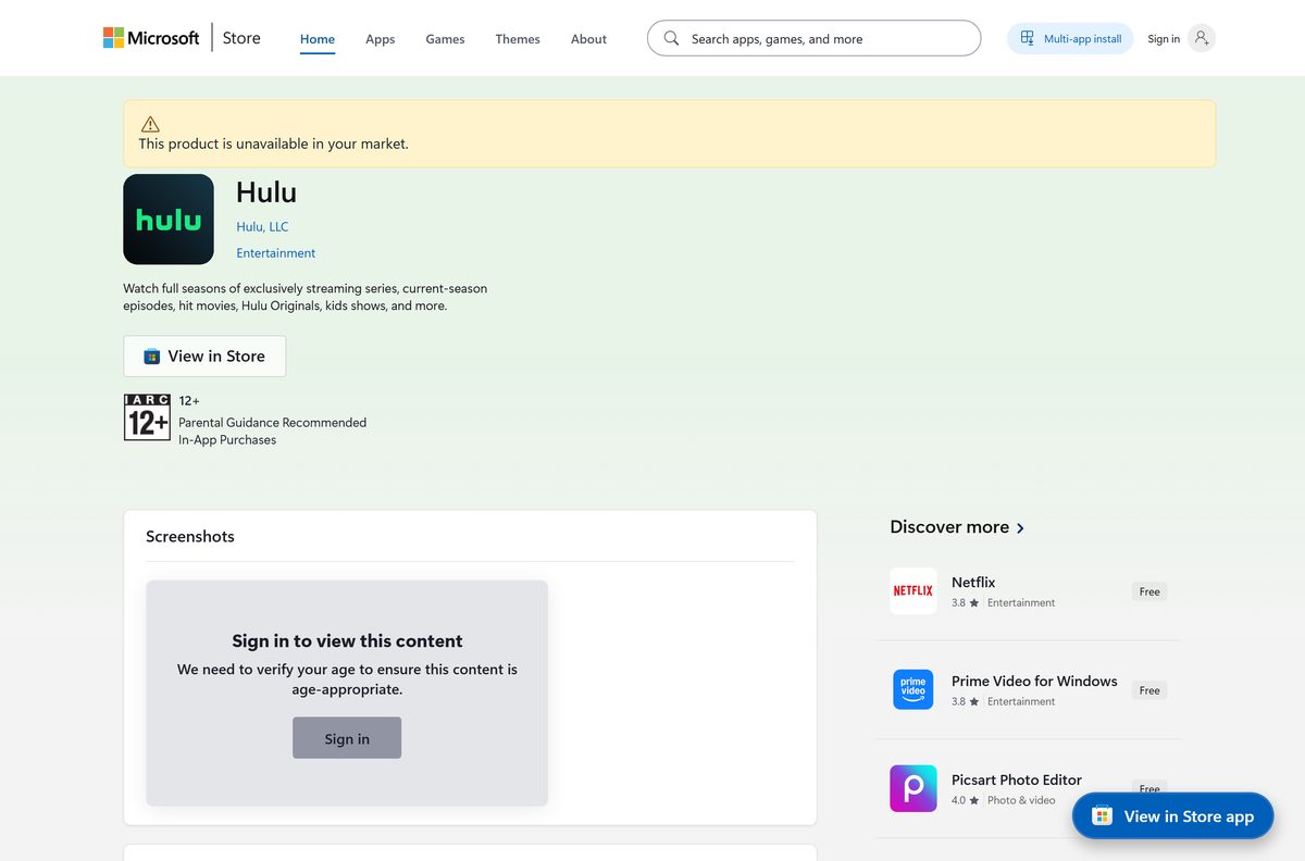 Microsoft Store listing for Hulu with its publisher and rating