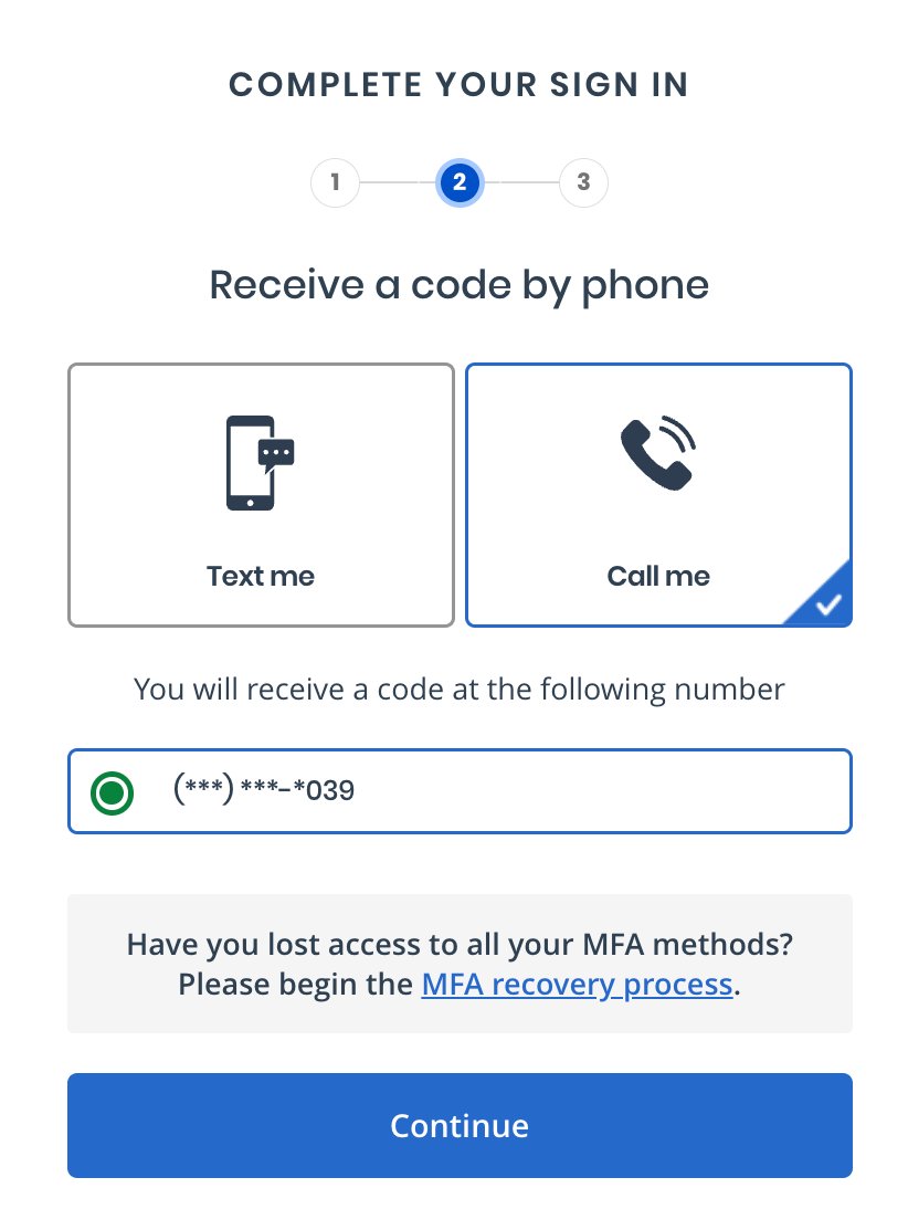 ID.me MFA screen offering a text message or phone call code