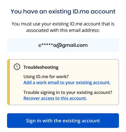 ID.me screen for signing in to an existing account