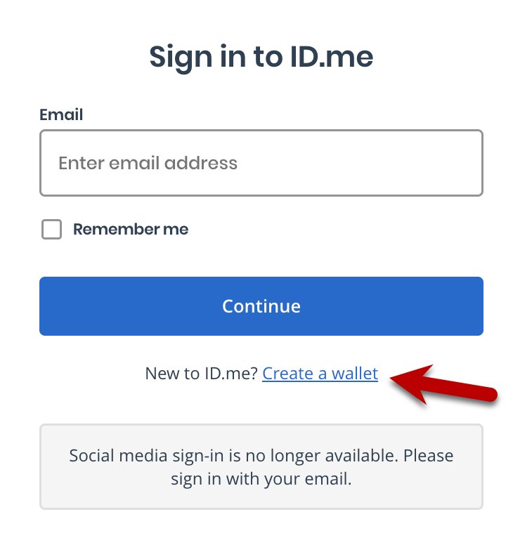ID.me sign-in screen with an arrow marking Create a wallet