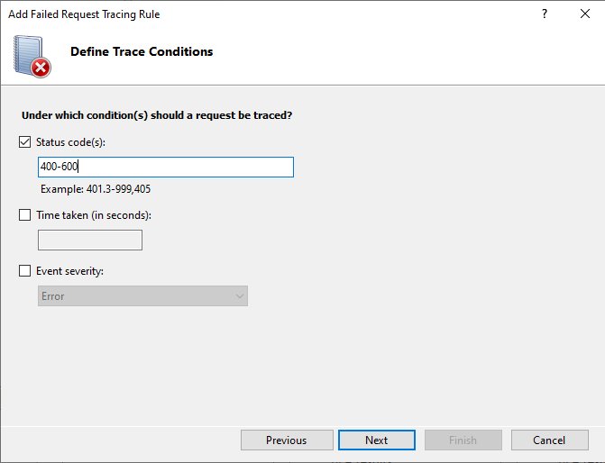 IIS Failed Request Tracing rule set to catch status codes 400 to 600