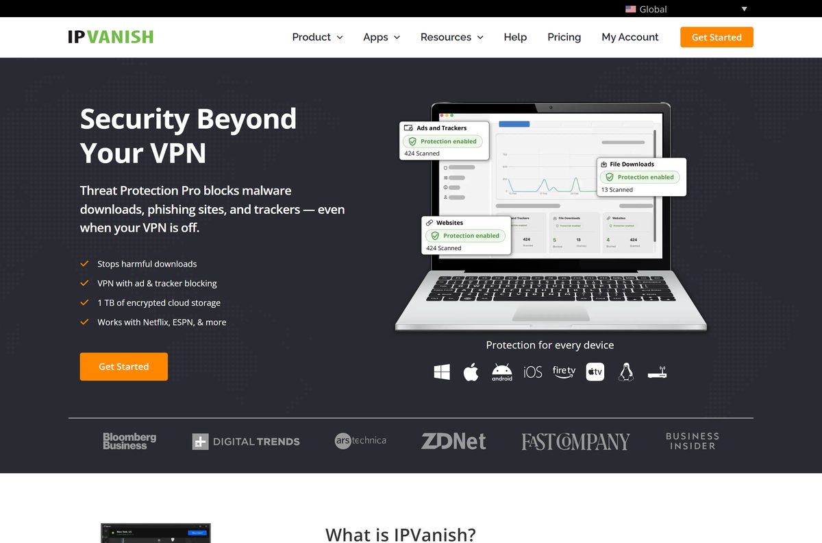 IPVanish Windows setup page with the Download App button