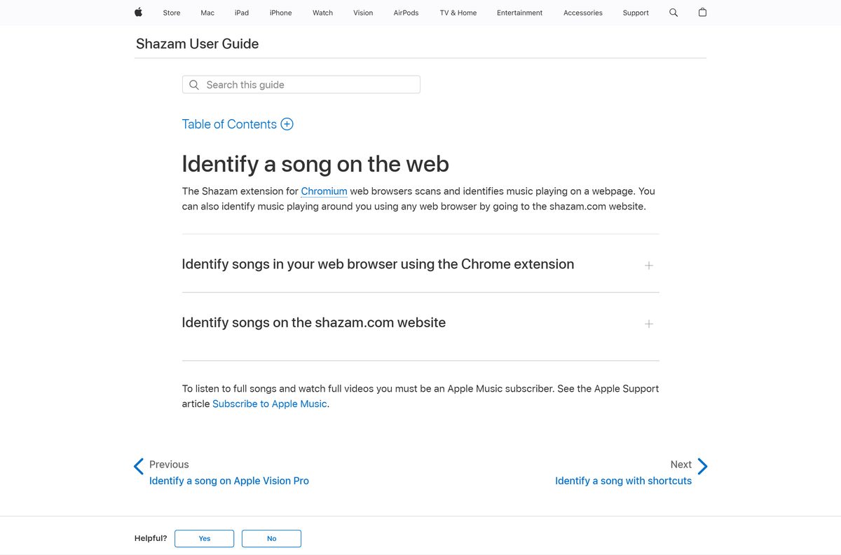 Apple Support guide to identifying a song on the web with Shazam