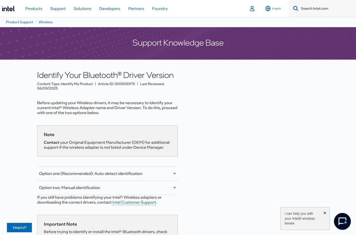 Intel guide to identifying your Wireless Bluetooth driver version