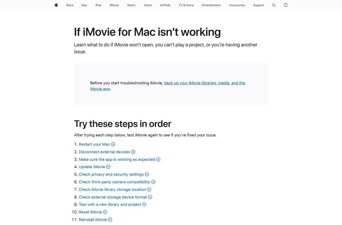 Apple support article listing repair steps for a Mac video editor