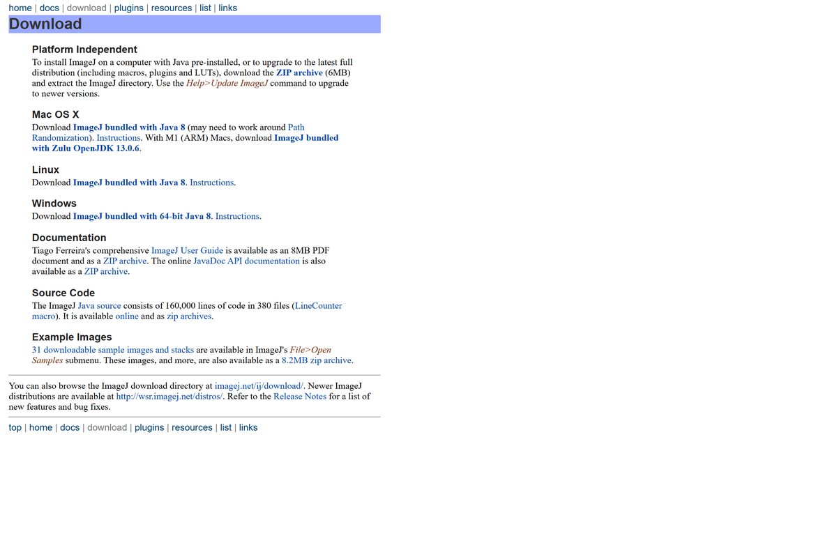 ImageJ 1.x download page with Windows, Mac and Linux ZIPs