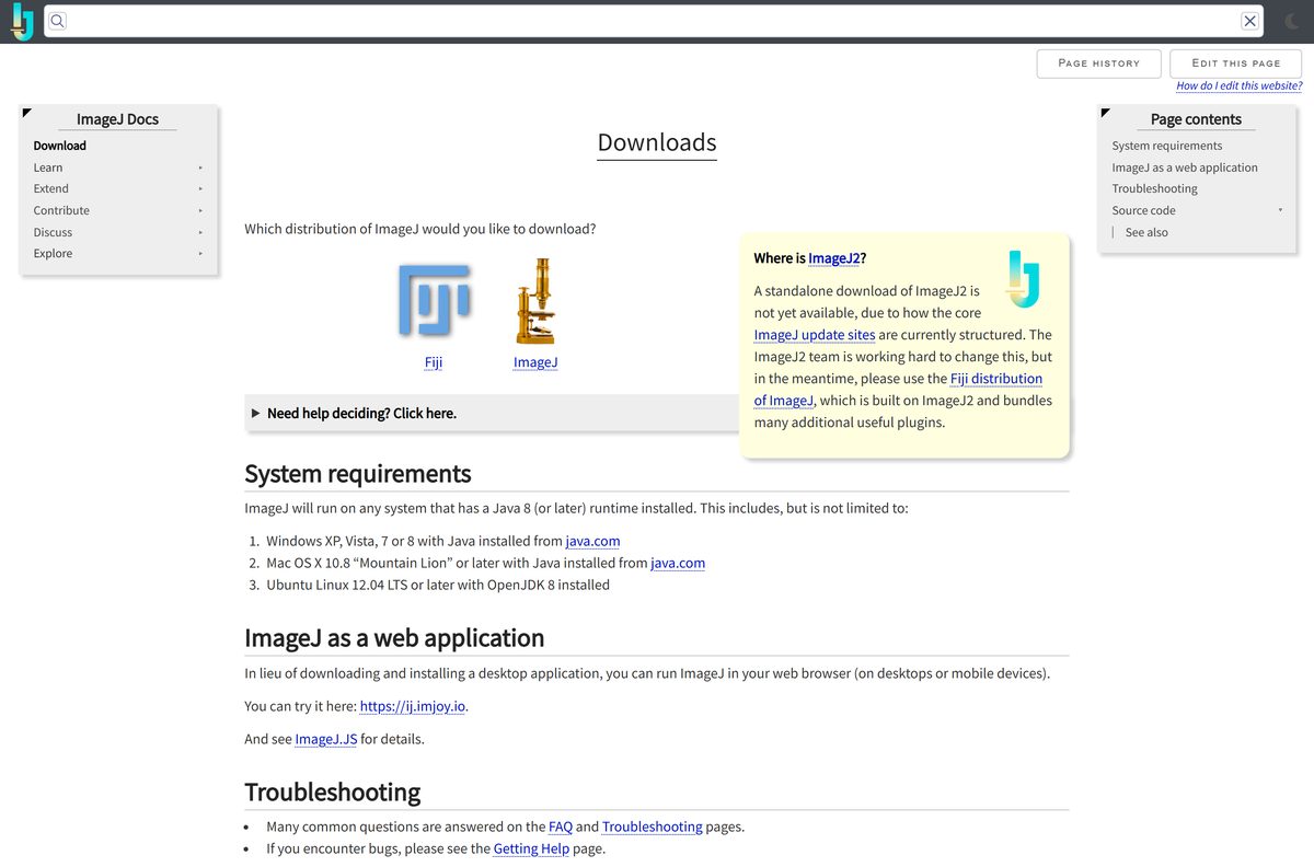 ImageJ downloads hub offering Fiji or the original program