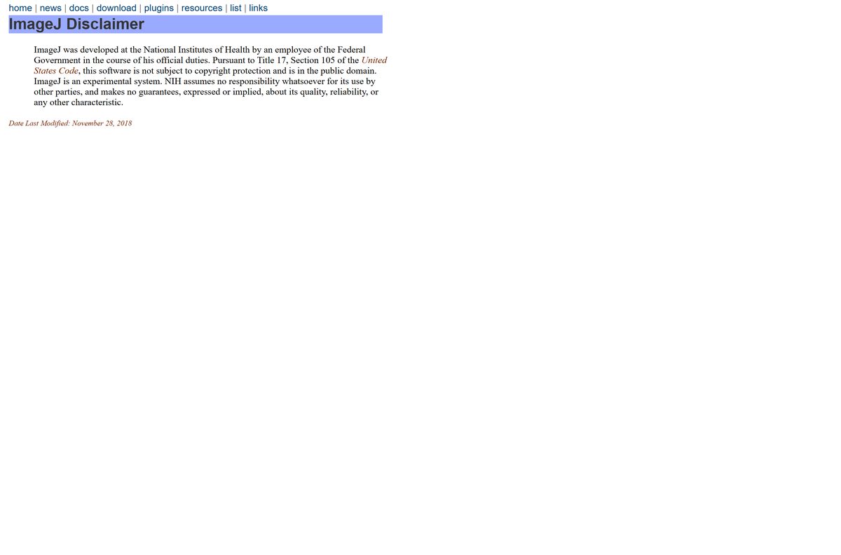ImageJ disclaimer page stating the public domain status