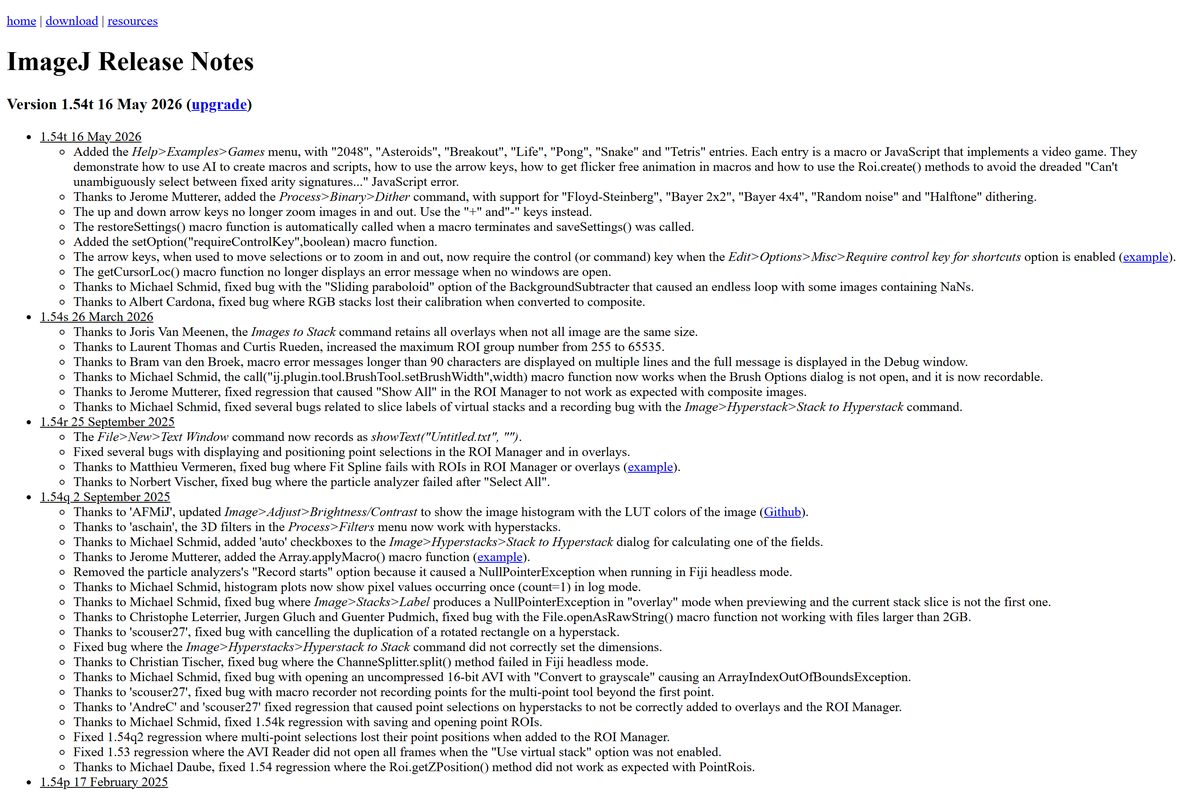 ImageJ release notes listing recent 1.54 versions