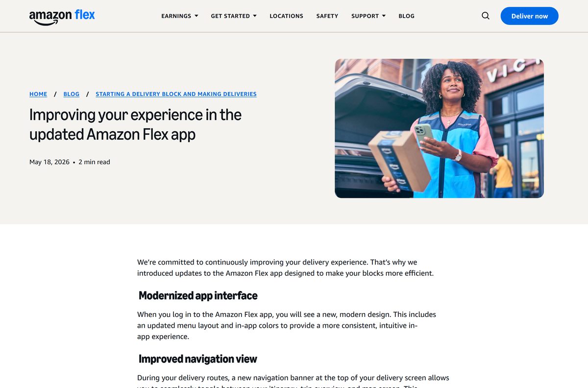 Amazon Flex blog post describing the redesigned delivery app