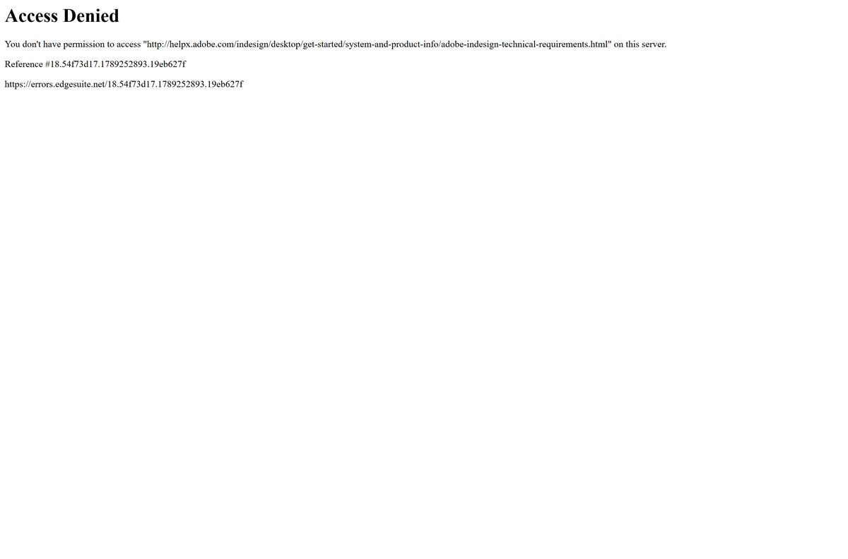 Adobe help page listing InDesign processor, memory and disk requirements