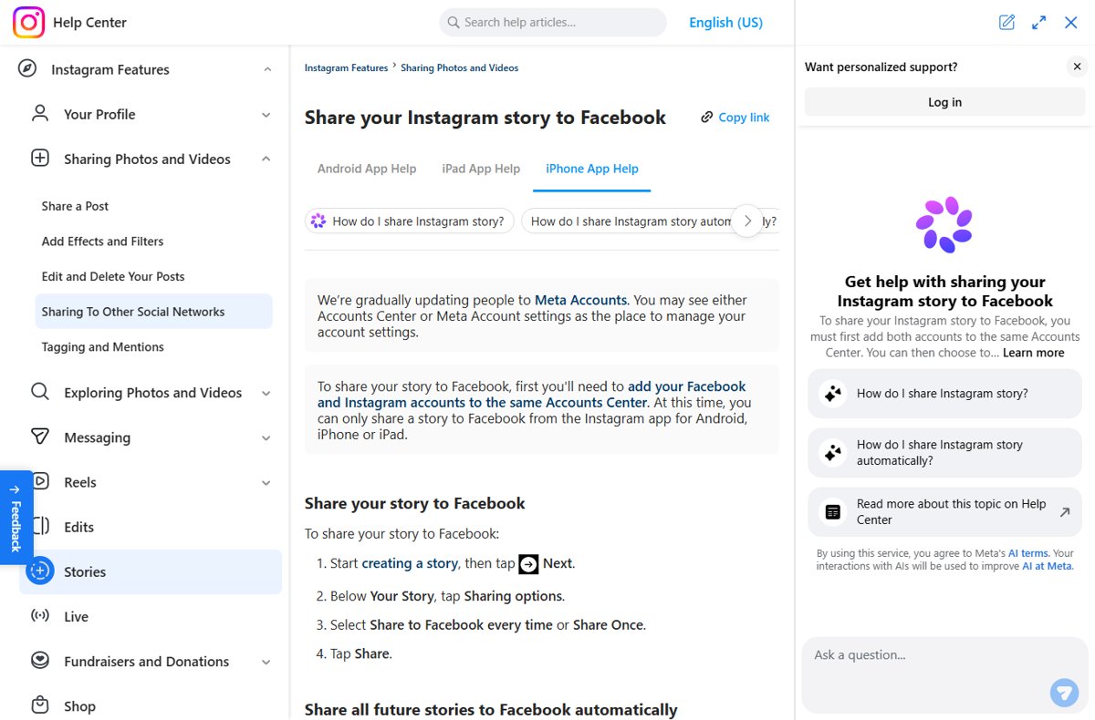 Instagram Help Center page explaining how to share stories to Facebook