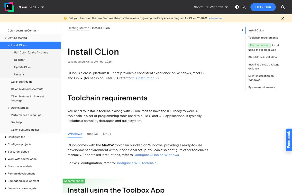 JetBrains install guide listing CLion system requirements
