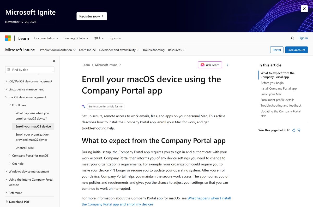Microsoft page listing the Mac install and enrollment steps