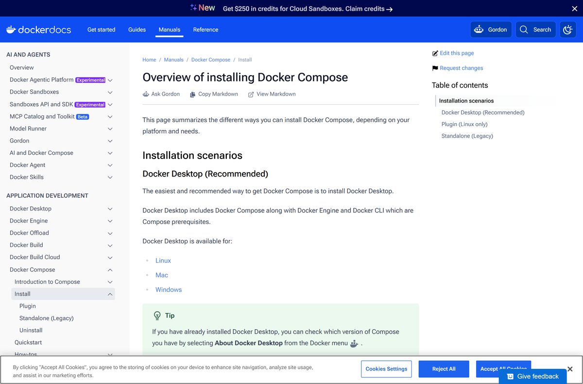 Docker documentation install hub listing the desktop, plugin and standalone routes
