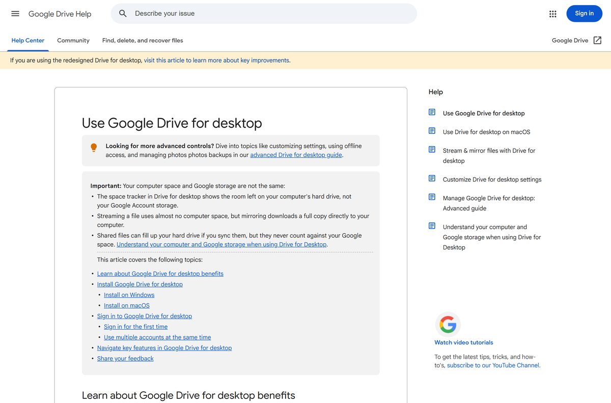 Google Drive Help page with the Windows and Mac installer links