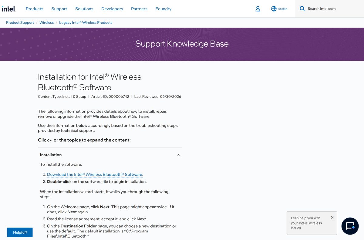 Intel support article on installing Wireless Bluetooth software