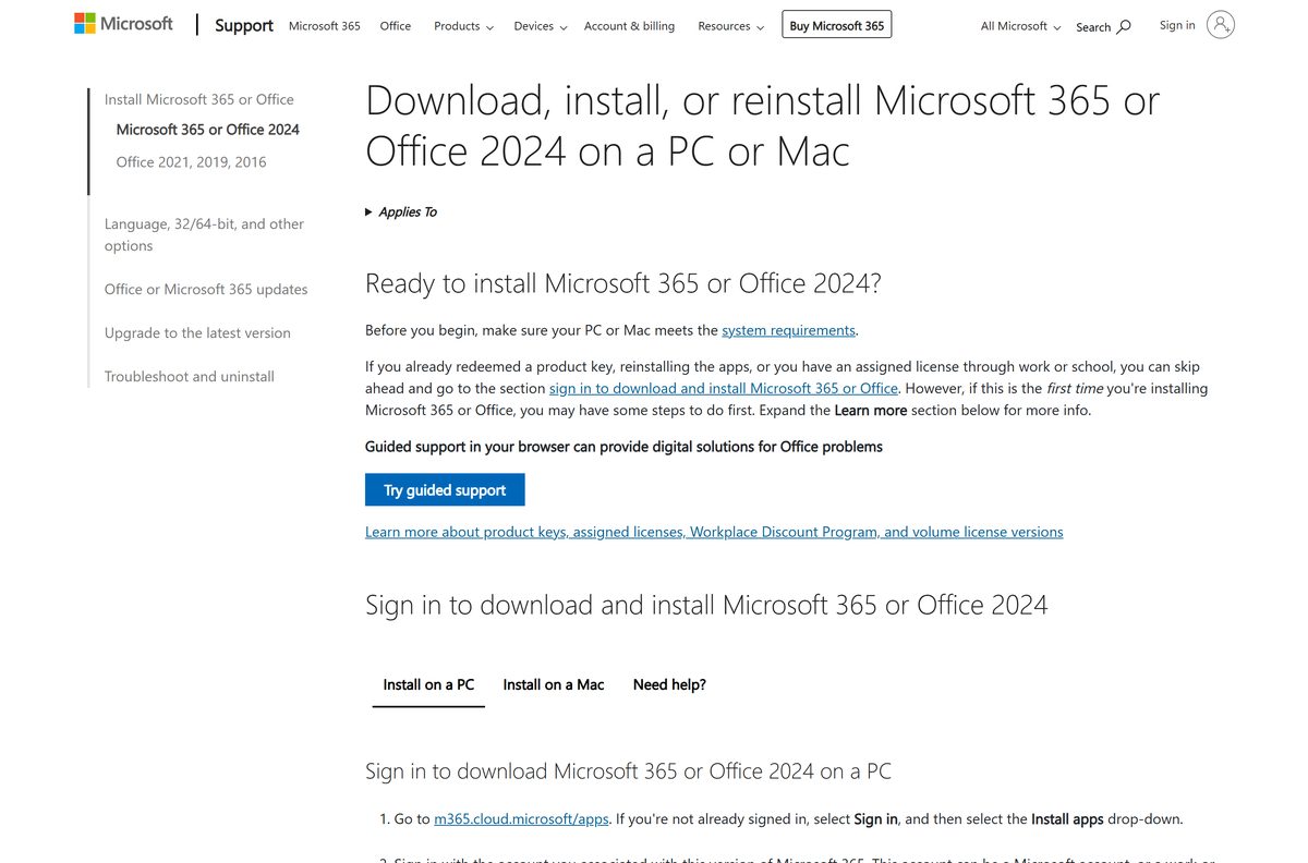Microsoft support page with PC and Mac install instructions