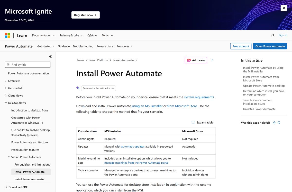 Microsoft Learn page comparing the MSI installer and Microsoft Store routes