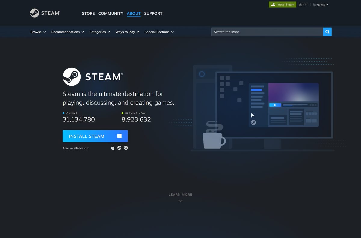 Steam desktop app download page with the Install Steam button