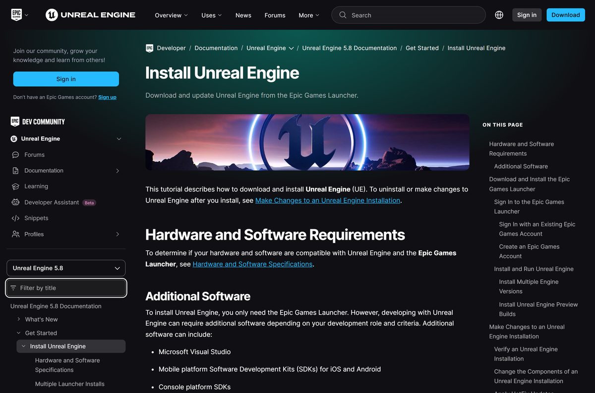 Epic documentation page explaining how to install Unreal Engine