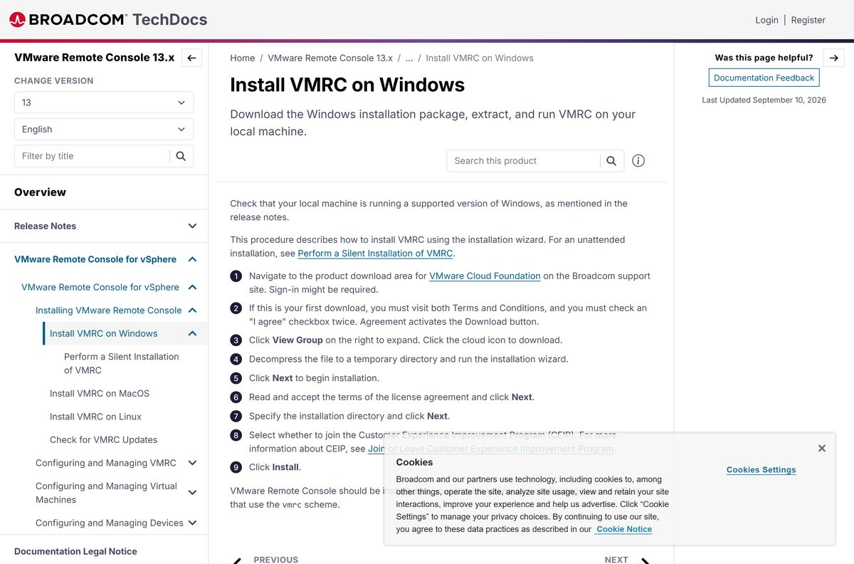Broadcom documentation page listing the Windows install steps for VMRC