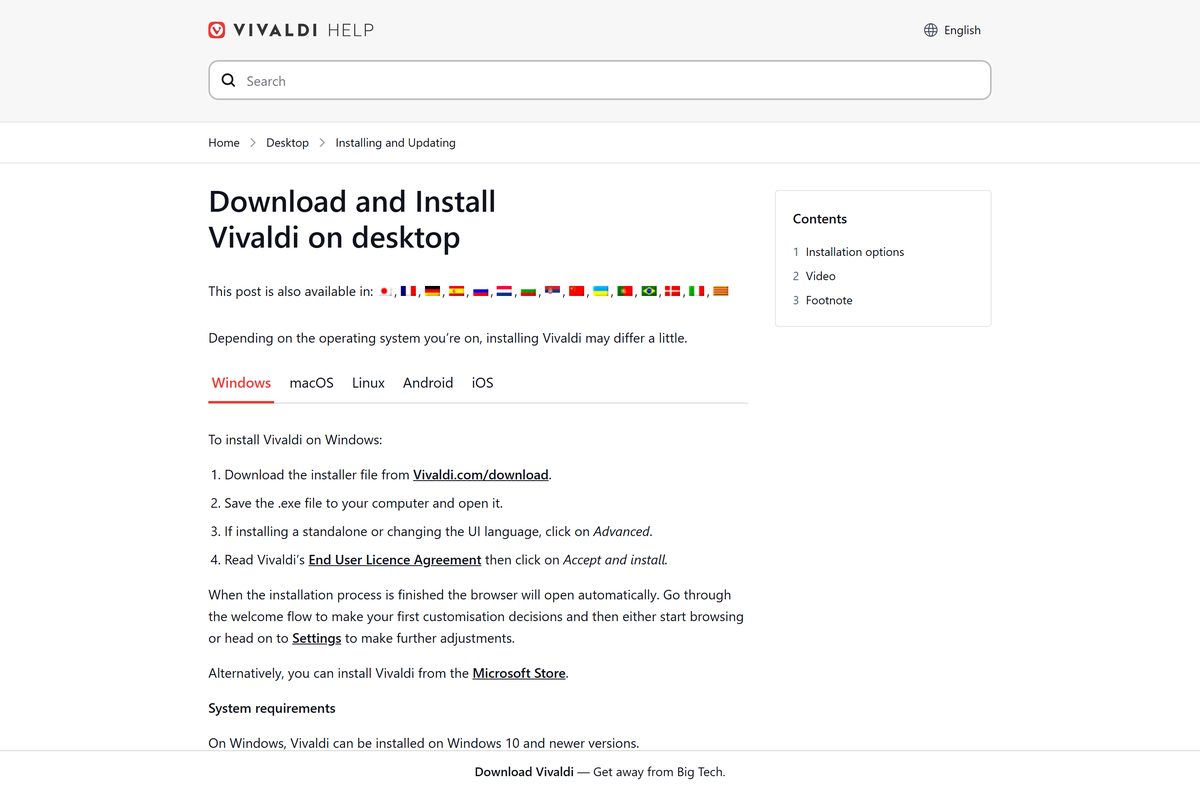 Vivaldi help article on installing the browser on desktop