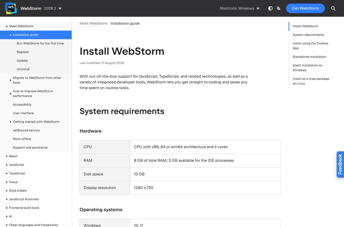 JetBrains install guide listing WebStorm system requirements