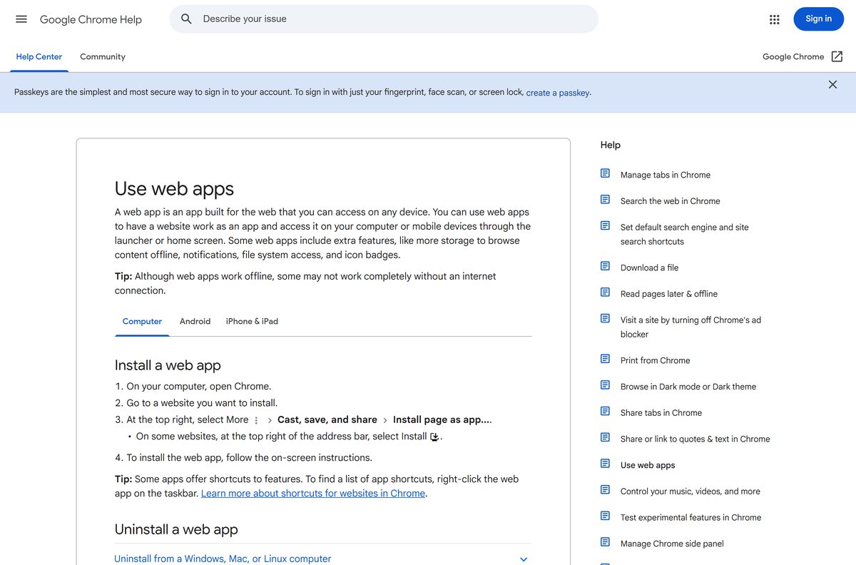 Chrome help page explaining how to install a site as an app