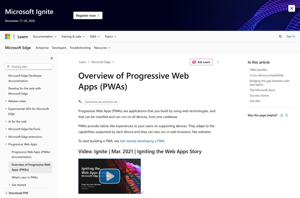 Microsoft documentation page about installing a website as an app