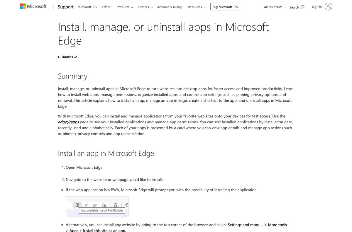 Microsoft help page explaining how to install a site as an app