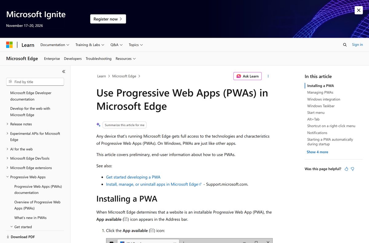 Microsoft Edge documentation showing the App available icon and Install button