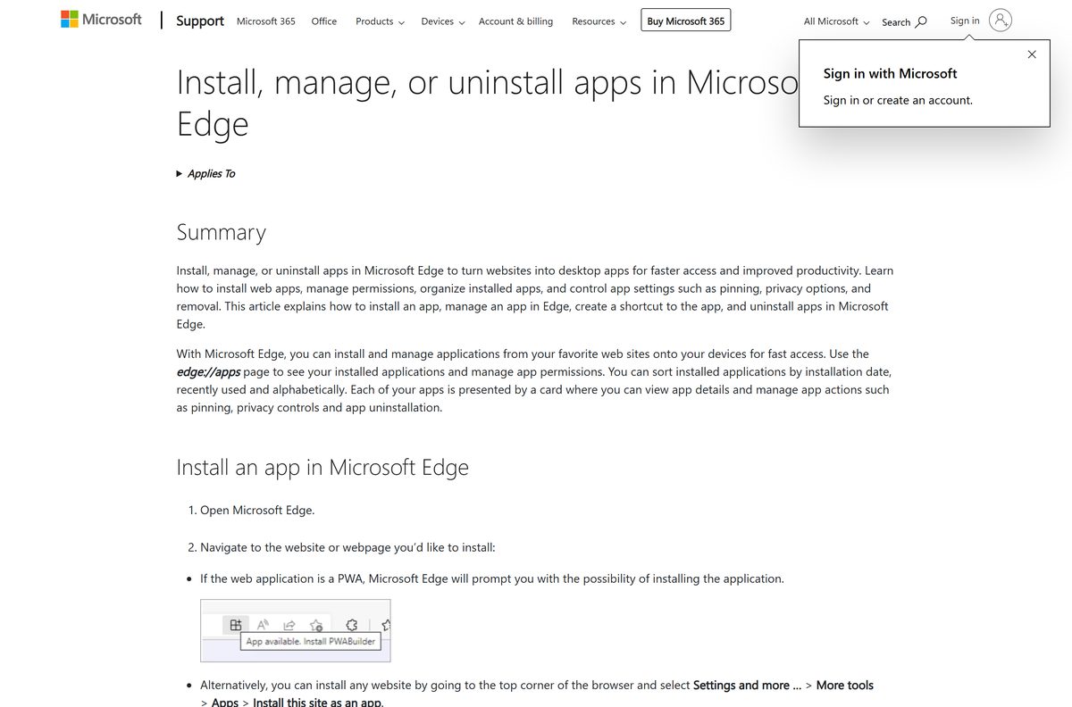 Edge menu path that installs a site as an app