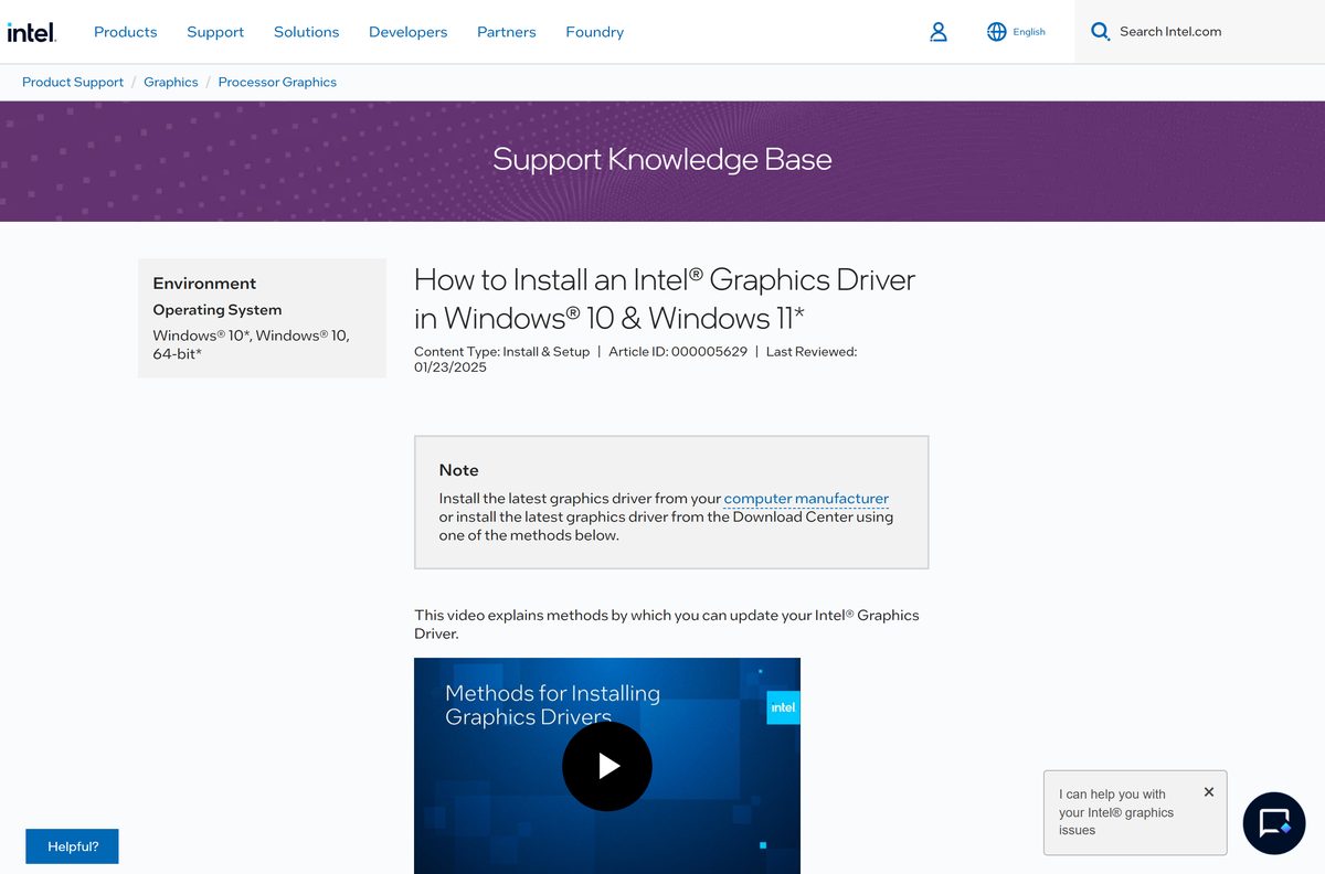 Intel support article on installing a graphics driver in Windows