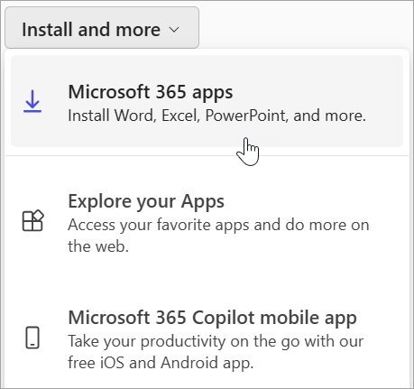 Install and more menu showing the Microsoft 365 apps download option