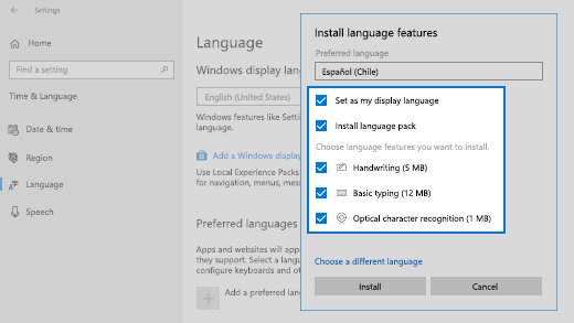 Install language features dialog with pack and feature checkboxes ticked