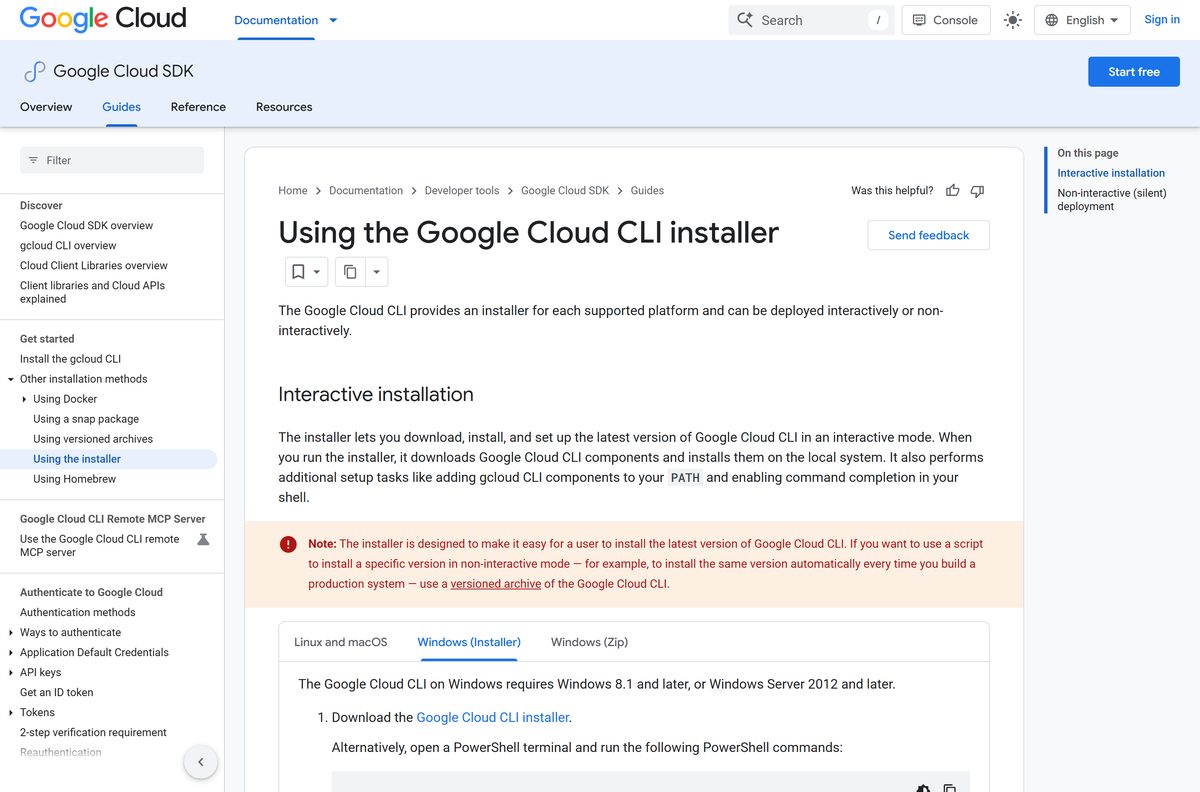 Windows installer instructions with the PowerShell download command