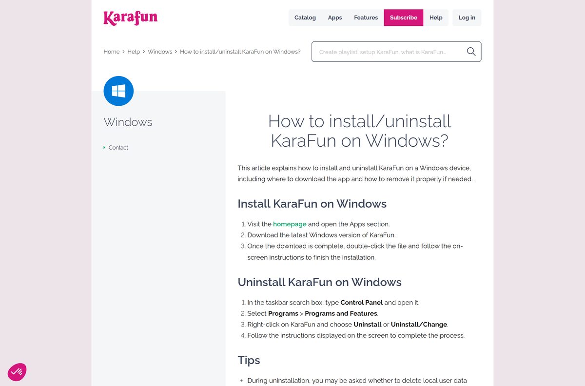 KaraFun help article on installing and uninstalling on Windows