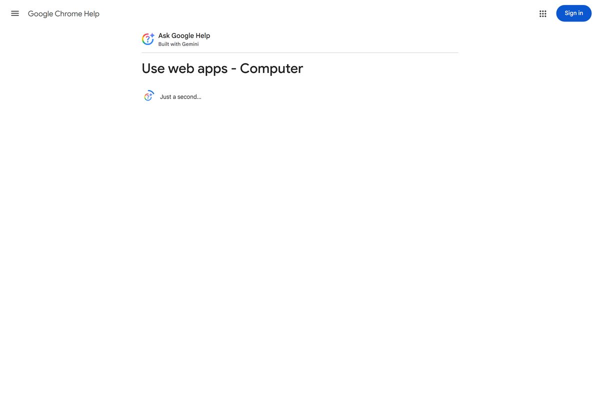 Chrome help page explaining how to install a web page as an app
