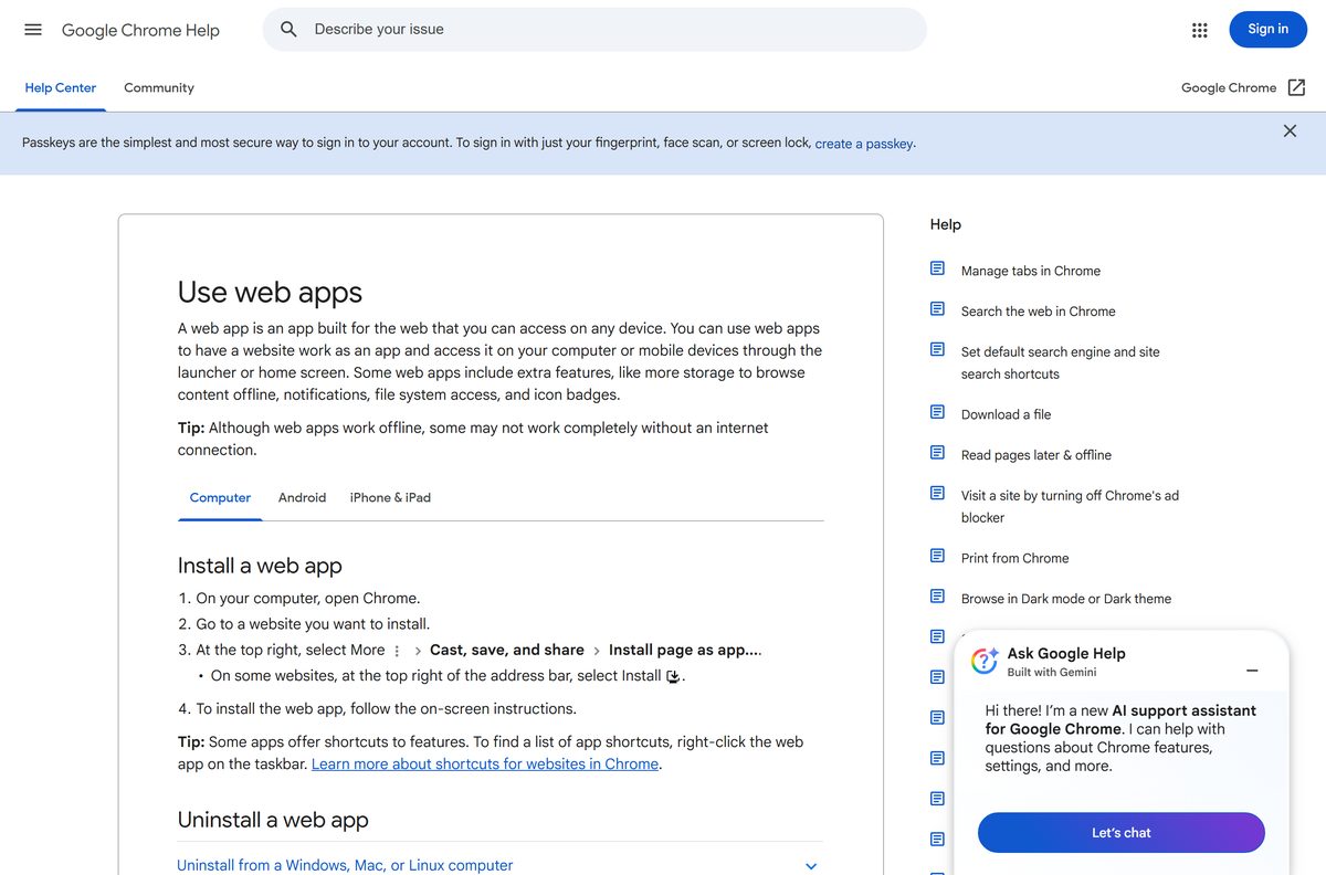 Google's help page for installing a web page as an app in Chrome