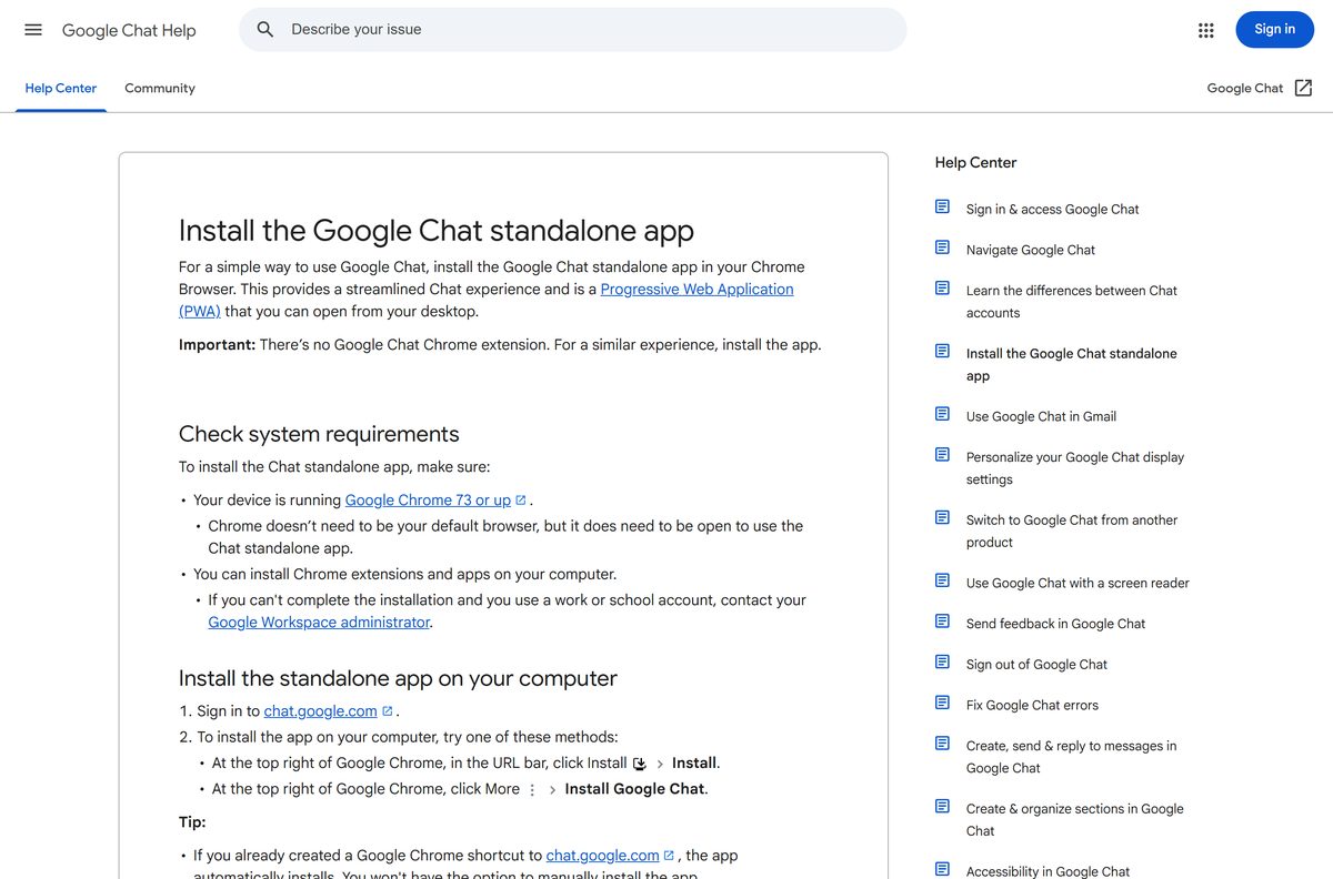 Google help page explaining how to install the Chat standalone app