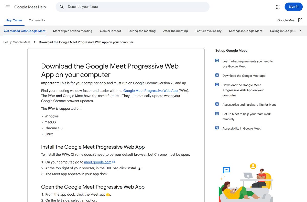 Google help page explaining how to install the Meet desktop app