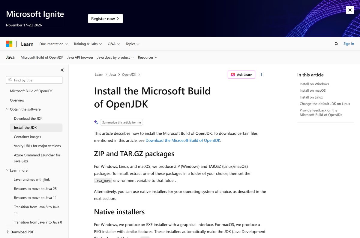 Microsoft install guide for OpenJDK with EXE, MSI and winget tabs