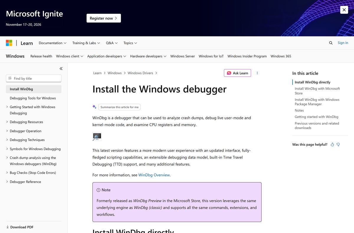 Microsoft Learn install page showing the three WinDbg install routes