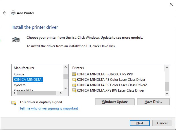 Install the printer driver page listing manufacturers and printer models