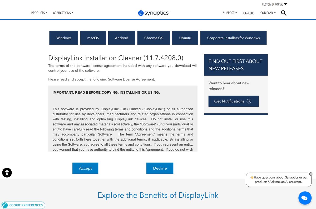 Synaptics page for the Windows installation cleaner utility and its licence prompt